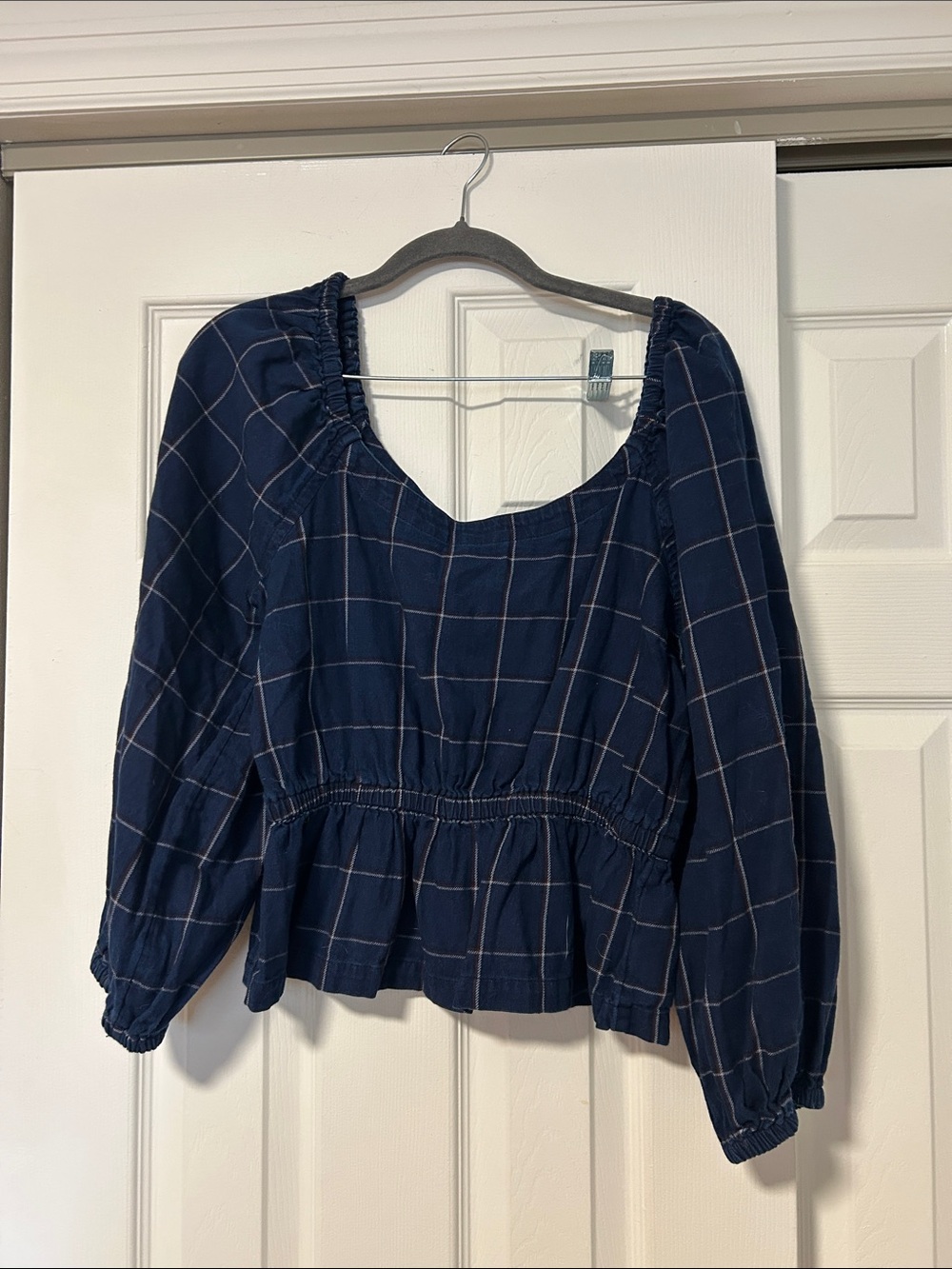 Madewell Navy Plaid Square-Neck Peplum Blouse
